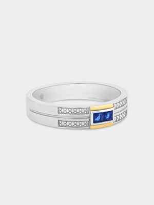 Silver & Yellow Gold Created Blue Sapphire Men's Wedding Band