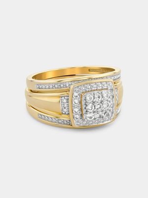 Yellow Gold Diamond& Created Sapphire Cushion Halo Triple Set Ring