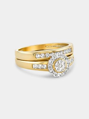 Yellow Gold Diamond & Created Sapphire Round Halo Channel Twinset Ring