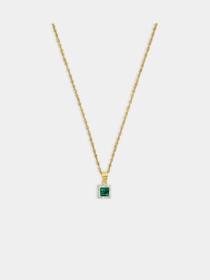 Yellow Gold & Sterling Silver Green Cubic Zirconia Square Halo Pendant on chain.