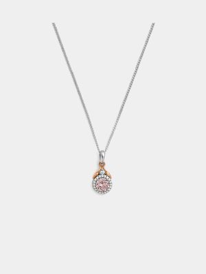 Rose Gold & Sterling Silver Pink Cubic Zirconia Wishbone Pendant on Chain