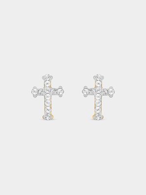 Yellow Gold Crystal Cross Stud Earrings