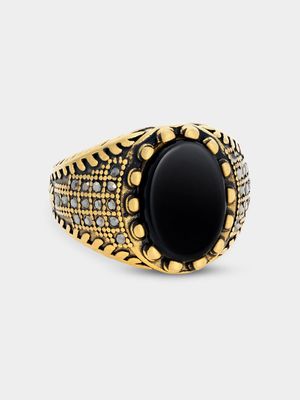 Stainless Steel Gold Plated Black Glass 2-Tone Oval Ring