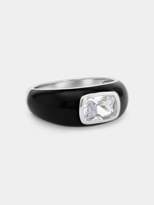 Sterling Silver Cubic Zirconia Black Enamel Domed Ring