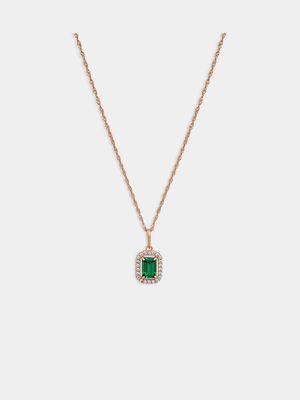 Rose Gold,Green Cubic Zirconia Square Halo pendant on a Rose Gold &Sterling Silver  Chain