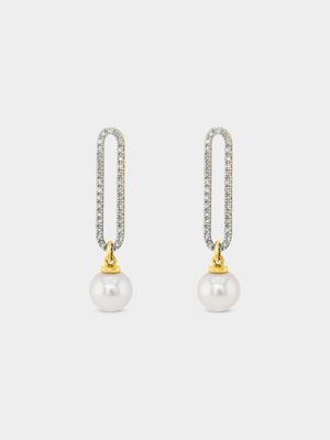Yellow Gold 0.25ct Diamond & Freshwater Pearl Paperclip Drop Earrings