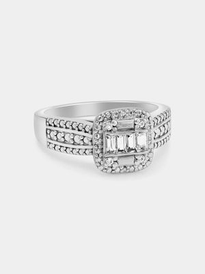 White Gold Diamond & Created Sapphire Cushion Baguette Ring