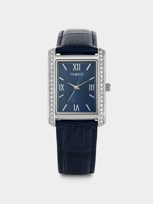 Tempo Timepiece Collection Silver Plated Blue Rectangle Dial Blue Leather Watch