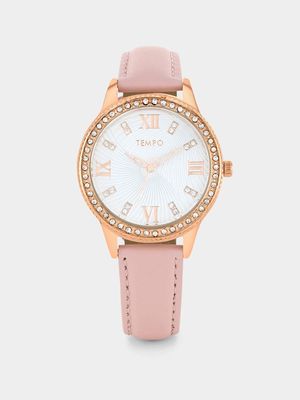 Tempo Rose Plated Silver Dial Pink Leather Watch