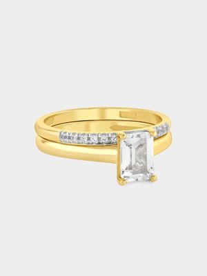 Yellow Gold Diamond & Created Sapphire Rectangle Twinset Ring