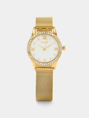 Tempo Women’s Gold Plated Silver Dial Mesh Watch