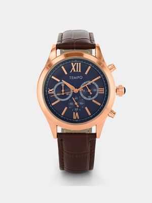 Tempo Men’s Rose Plated Blue Multi Dial Brown Leather Watch