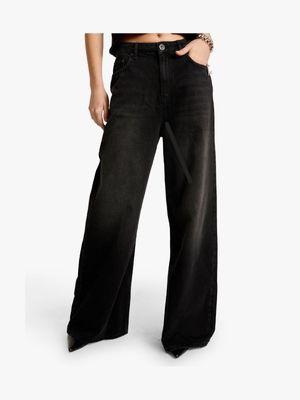 Women's One Teaspoon Black Mid Rise Wide Leg Denim Jeans