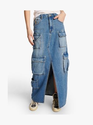 Women's One Teaspoon Blue 90s Cargo Pocket Denim Skirt
