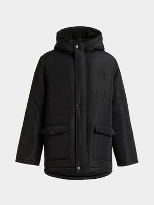 Younger Boy's Black Long Puffer Jacket