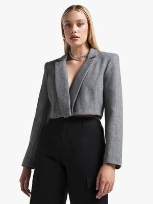 Women's Grey Melange Melton Cropped Blazer