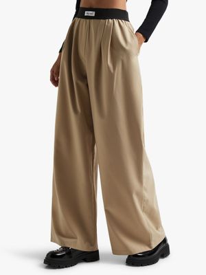Women's Stone Exposed Elastic Band Tailored Pants