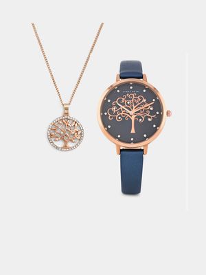 Minx Women’s Rose Plated Indigo Leather Watch & Tree Of Life Pendant Set