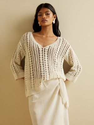 Women's Iconography Cream Crochet Cotton Notch Neck Top
