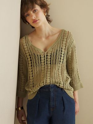 Women's Iconography Cream Crochet Cotton Notch Neck Top