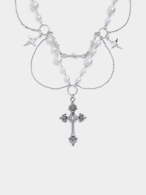 Women's Silver Chunky Pearl Cross Necklace