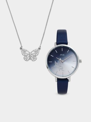 MX Women’s Silver Plated Blue Faux Leather Butterfly Watch & Necklet Set