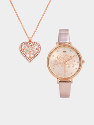 MX Wopmen`s Rose Plated Light Brown Faux Leather Watch & Tree of Life Pendant Set