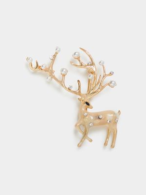 Enamel Reindeer with Faux Pearl Detail Pin Brooch