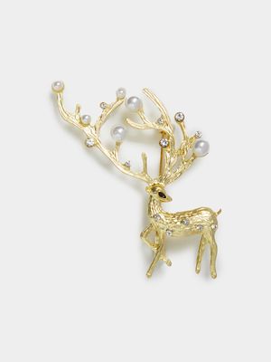 Brushed Gold & Faux Pearl Reindeer Pin Brooch