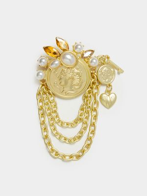 Brushed Gold Roman Coin with Pearl & Chain Detail