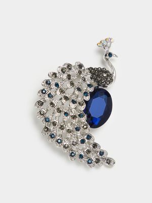 Silver & Deep Blue Diamante Peacock Pin Brooch