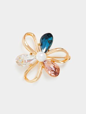 Gold & Multi Colour Twisted Pedals Flower Pin Brooch