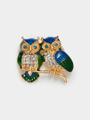 Green & Blue Two Owl Pin Brooch