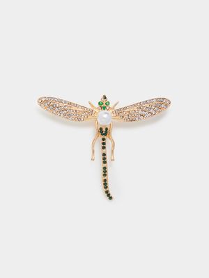 Green Diamante Dragonfly Pin Brooch with Faux Pearl Detail