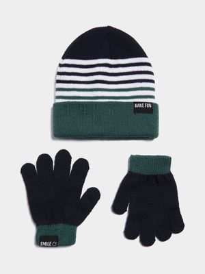 Boy's Navy & Green Striped Beanie & Glove Set