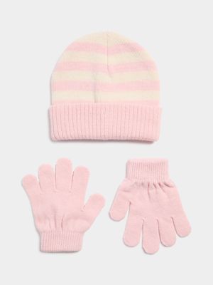 Girl's Pink Striped Beanie & Gloves Set