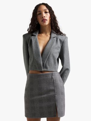 Women's Grey Check Melton One Slit Mini Skirt