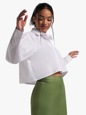 Women's White Cropped Shirt With Pocket