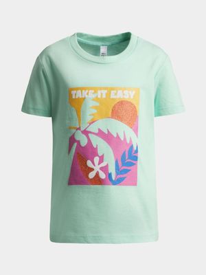 Younger Girl's Sea Green Graphic Print T-Shirt