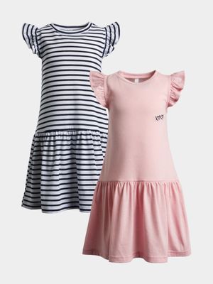 Younger Girl's Pink & Striped Navy 2-Pack Dresses