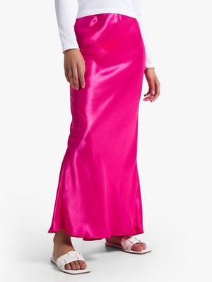 Women's Pink Maxi Satin Skirt