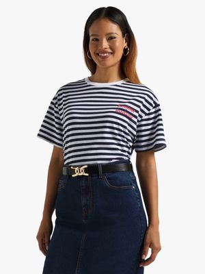 Women's Navy & White Striped Slogan Print T-Shirt