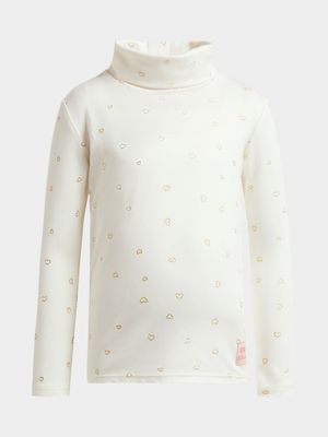 Younger Girl's White Glitter Heart Poloneck Top