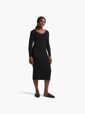Women's Black Ribbed Midi Dress