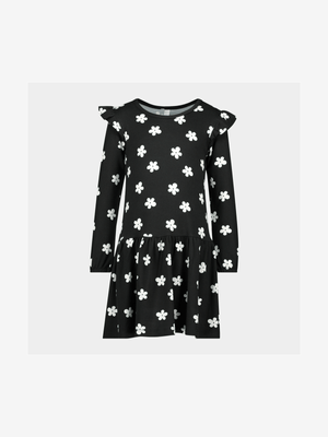 Younger Girl's Black & White Daisy Print Drop Tier Dress
