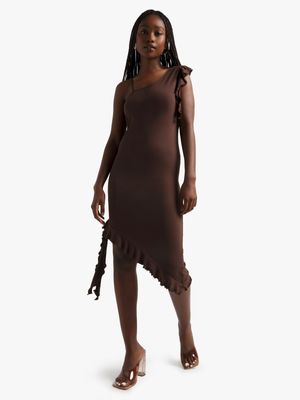 Women's Chocolate Brown A-Symmetrical Ruffle Dress