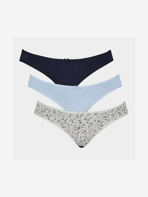 Women's White & Blue Print 3-Pack Cotton Bikini Panties