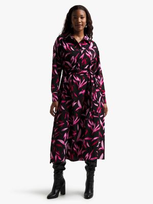 Women's Black & Pink Leaf Print Shirt Dress