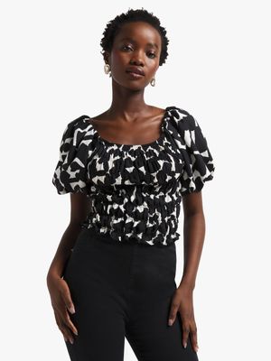 Women's Black Abstract Print Smocked Top