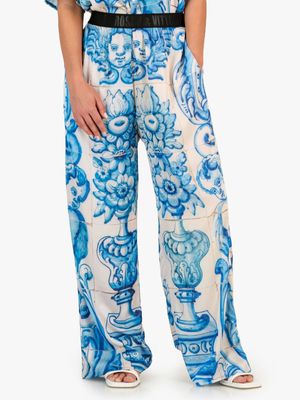 Women's Rosey & Vittori Blue & White Satin Printed Pull On Pants